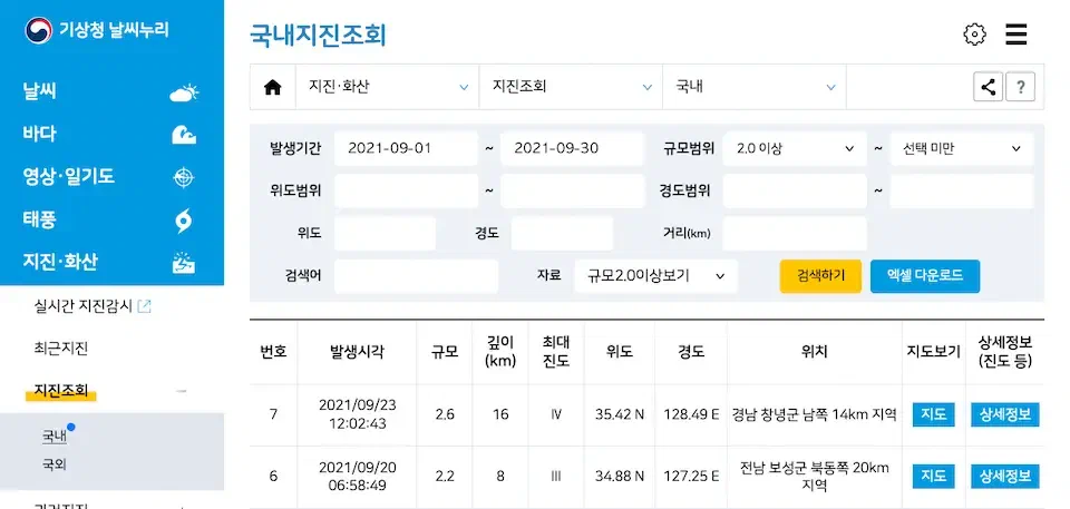 기상청 국내지진조회