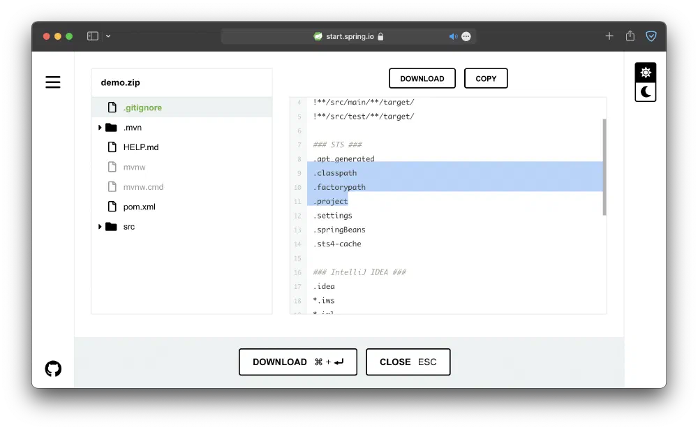 spring initializr gitignore