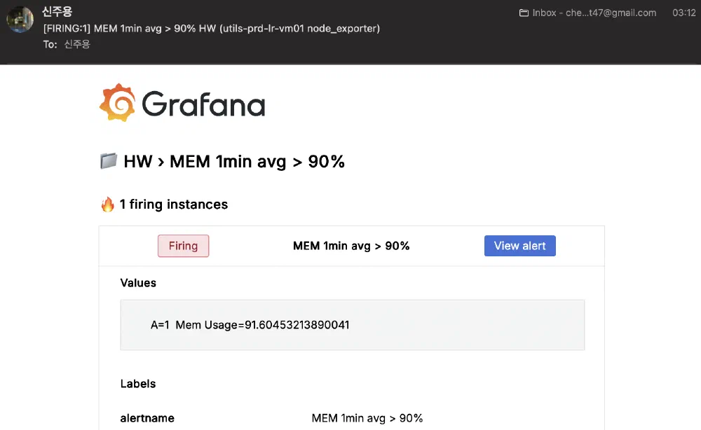 Grafana memory alert showing Rocky Linux server exceeding memory allocation threshold