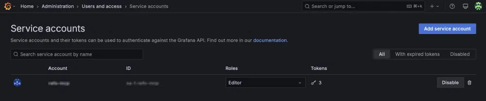 Grafana Service account 설정 화면